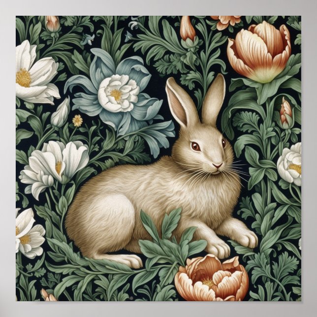 Poster Lièvre et fleurs dans le jardin de style Art nouve (Devant)