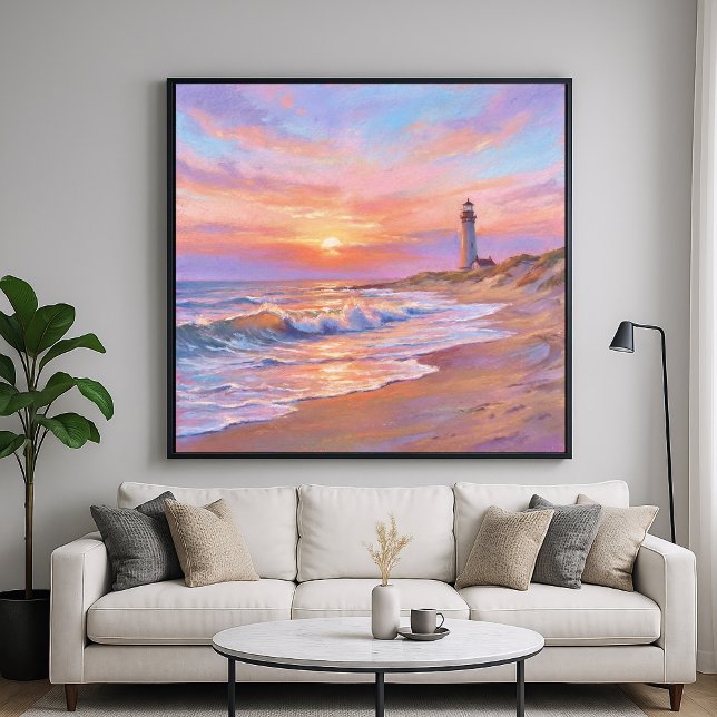 Poster Lighthouse Shore Sunset - Pastel Painting Style (Créateur téléchargé)