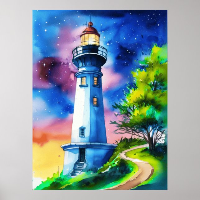 Poster Lighthouse Under a Starry Sky (Devant)