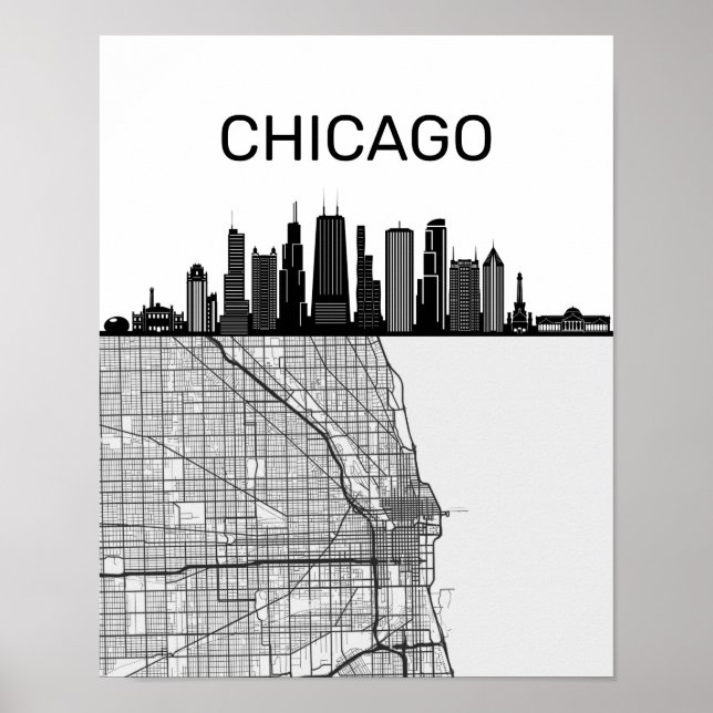 Poster Ligne Skyline Ville De Chicago Illinois Avec Carte (Devant)
