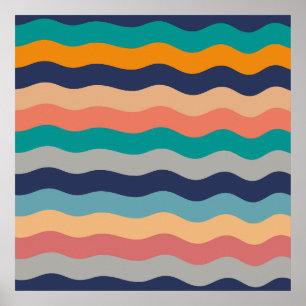 Poster Lignes à ondes rétro - Blue Turquoise Orange