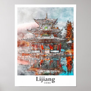 Poster Lijiang Chine Voyage Aquarelle main tirée