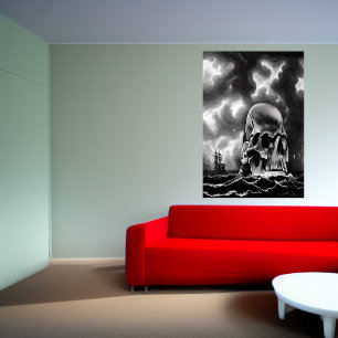 Poster L'île aux crânes d'art noir et blanc AI Art Post
