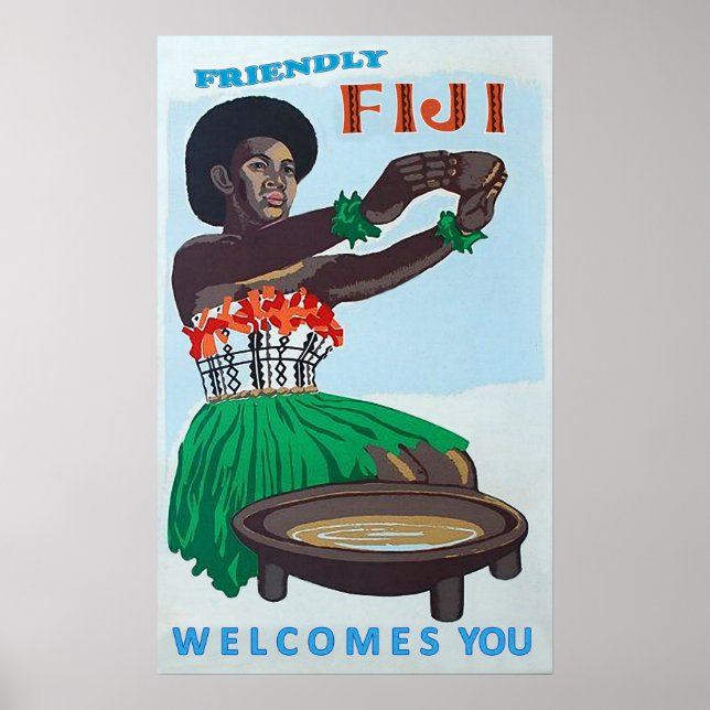 Poster L'île de Fidji, femme autochtone avec l'accueil tr (Devant)