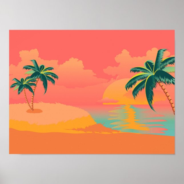 Poster L'île ensoleillée avec palmiers au lever du soleil (Devant)
