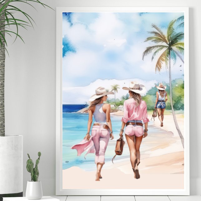 Poster L'île tropicale des trois cow-girl côtières roses (Créateur téléchargé)