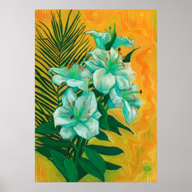 Poster Lily Fleurs Feuille de palmier, peinture d'art flo (Devant)