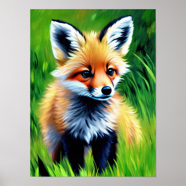Poster L'impressionniste renard de bébé dans la forêt (Devant)
