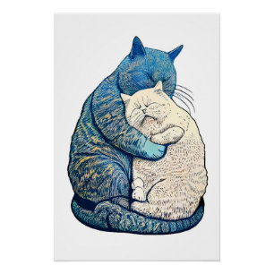 Poster Linocut Blanc et Noir Chat couchent ensemble