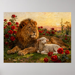 Poster Lion & Agneau dans les Roses
