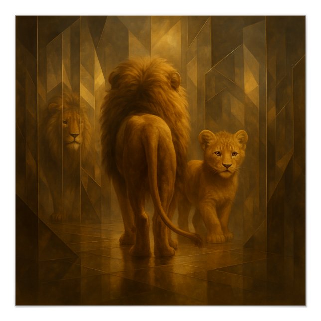 Poster Lion and Cub in a Golden Mirror Maze – GeoWild Art (Devant)