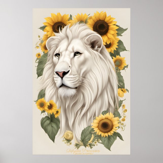 Poster Lion Art, tournesols et faune Safari Lion blanc (Devant)