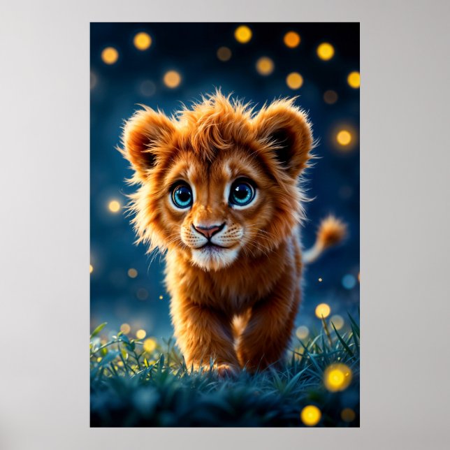 Poster Lion aux yeux bleus enchanté dans lueur de luciole (Devant)
