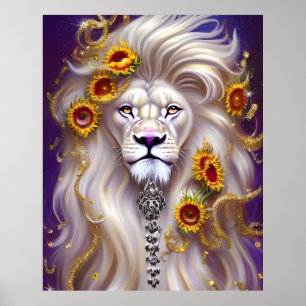 Poster Lion blanc magique et tournesol graphique