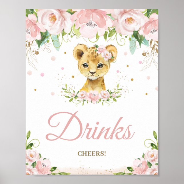 Poster Lion Blush rose Baby shower Floral Boissons Cheveu (Devant)