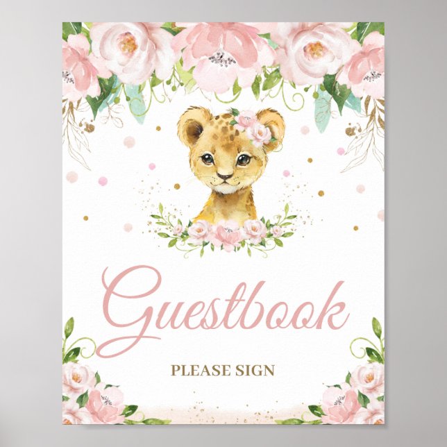 Poster Lion Blush rose Baby shower floral panneau d'or (Devant)