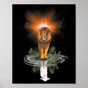 Poster Lion Croix Jésus Réflexion Eau Miroir Sheep T-S