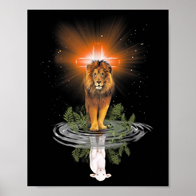 Poster Lion Croix Jésus Réflexion Eau Miroir Sheep T-S (Devant)