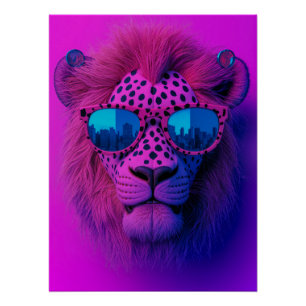 Poster Lion d'art pop néon portant des lunettes de soleil