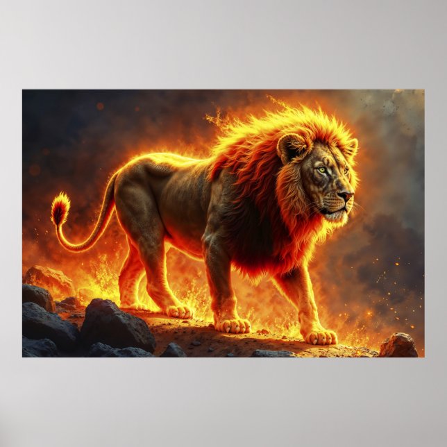 Poster Lion de flammes brûlant volcan feu imaginaire art (Devant)