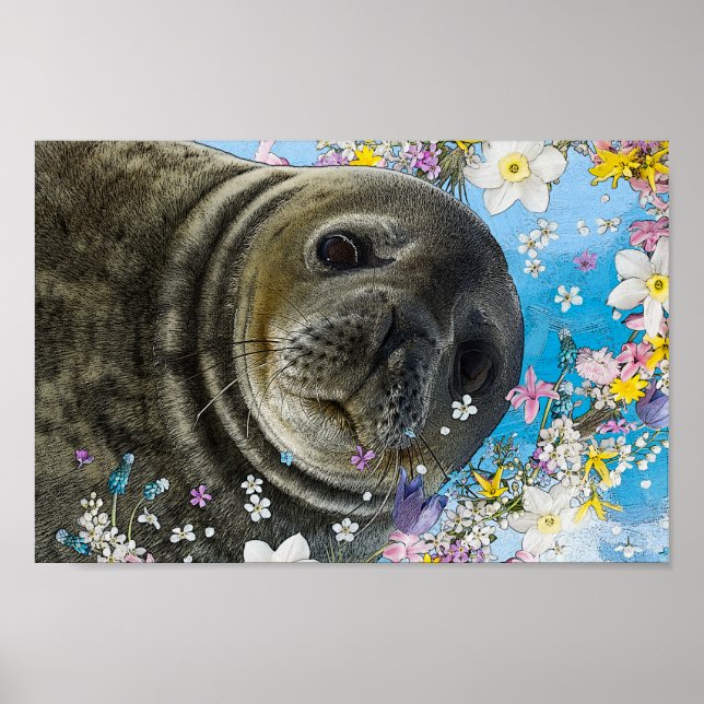 Poster Lion de mer nager dans les fleurs (Devant)