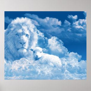 Poster Lion et agneau dans les nuages