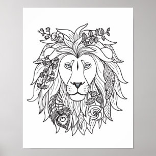 Poster Lion Et Fleurs Doodle 2