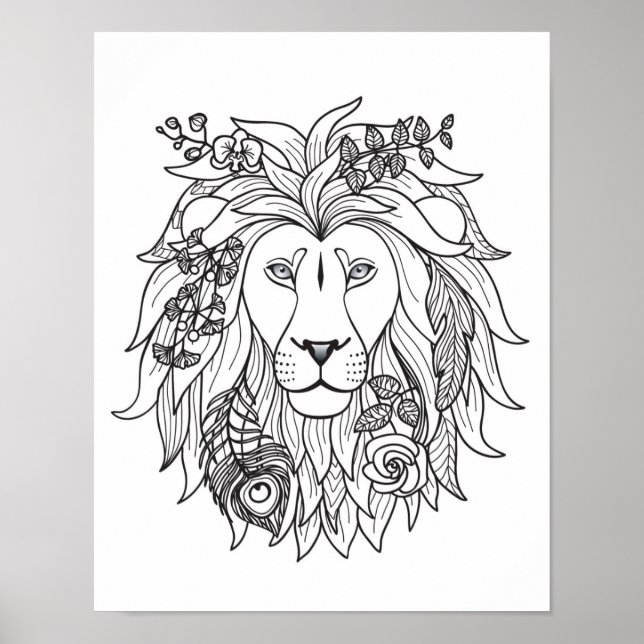 Poster Lion Et Fleurs Doodle 2 (Devant)
