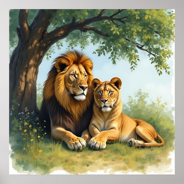 Poster Lion et lionne sous un arbre (Devant)