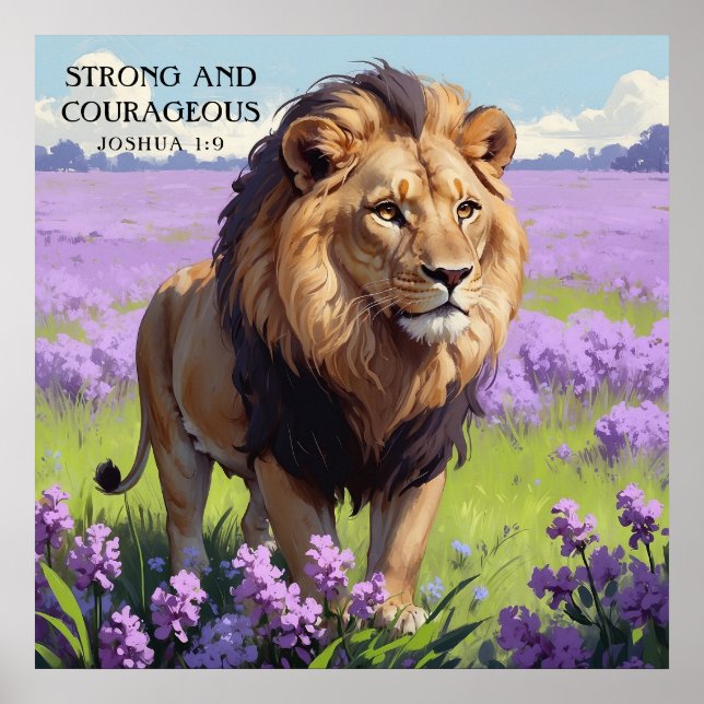 Poster Lion étonnant dans Lilac Flower Field Faith (Devant)