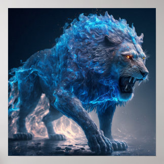 Poster Lion feu Flames bleu