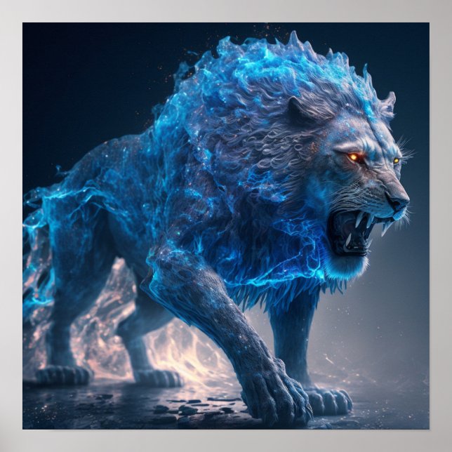 Poster Lion feu Flames bleu (Devant)