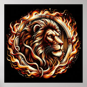 Poster Lion Flamboyant dans un Anneau de Flammes Astrolog