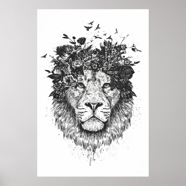 Poster Lion floral (noir et blanc) (Devant)
