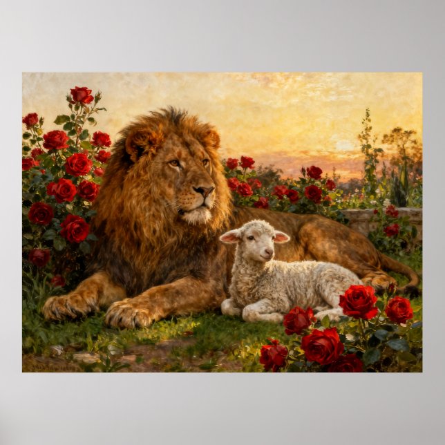 Poster Lion & Lamb in the Roses (Devant)