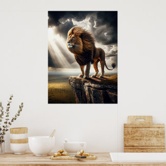 Poster Lion majestueux sur la falaise - Une faune inspira