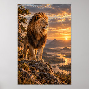 Poster Lion Mâle sur un Surplomb Rocheux au Coucher de So