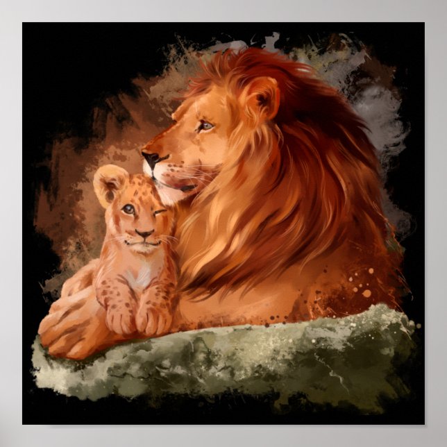 Poster Lion papa et un petit lionceau (Devant)