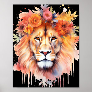 Poster Lion Pastel Fleurs Safari Aquarelle Savannah Chat