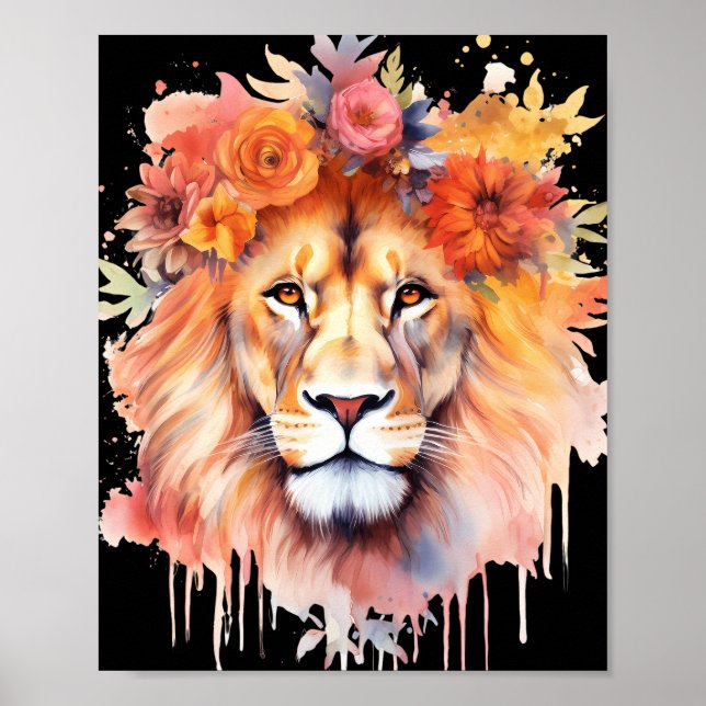 Poster Lion Pastel Fleurs Safari Aquarelle Savannah Chat (Devant)