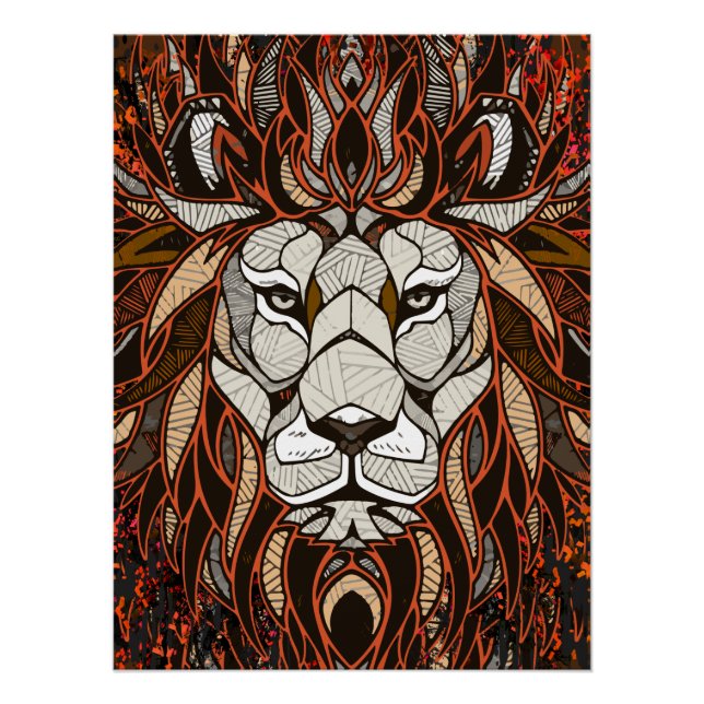 Poster Lion Polygone brillant - Dessin coloré (Devant)