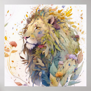 Poster Lion Portrait Animal Peinture Forêt faunique