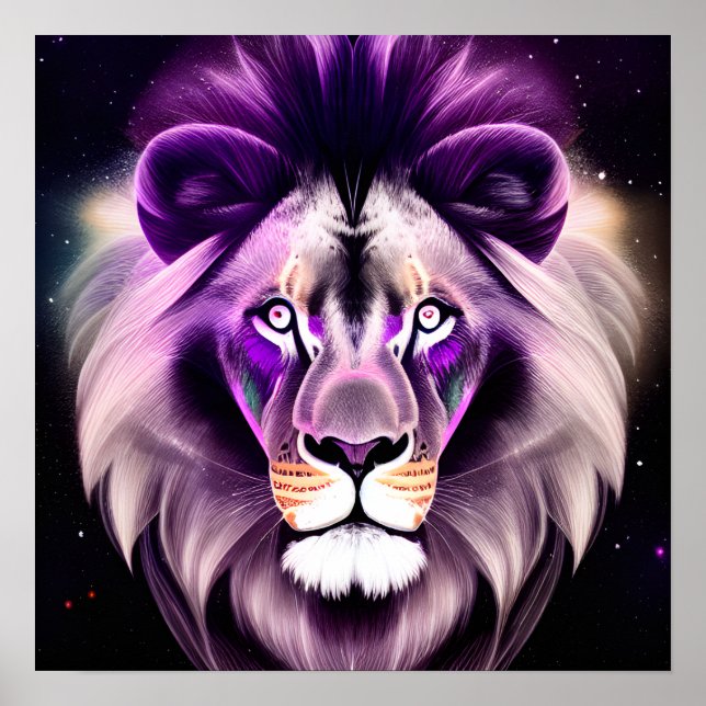 Poster Lion pourpre et Arrière - plan étoilé (Devant)