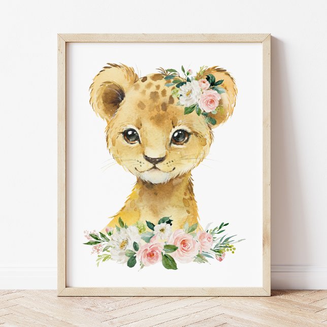 Poster Lion, Safari, Jungle, Fleurs roses, Pépinière (Créateur téléchargé)