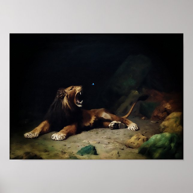 Poster Lion Snapping à un papillon (Devant)