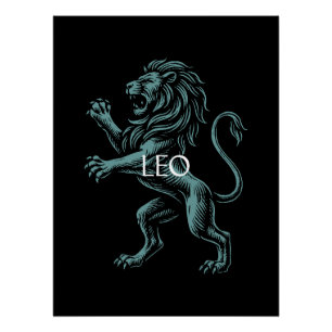 Poster Lion Zodiaque – Lion Vintage Sarcelle sur Fond Noi