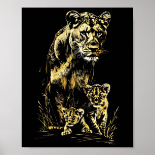 Poster Lioness Cubs Hunter Team Lion Wildlife Sketch