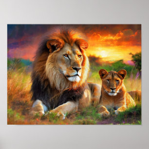 Poster Lionne avec son petit