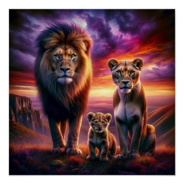 Poster Lions majestueux au coucher du soleil en Afrique S (Devant)