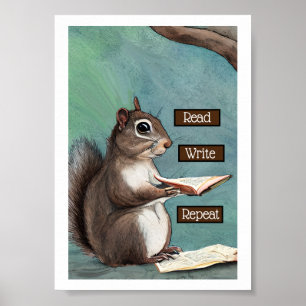 Poster Lire, écrire, répéter l'écureuil Lire un livre